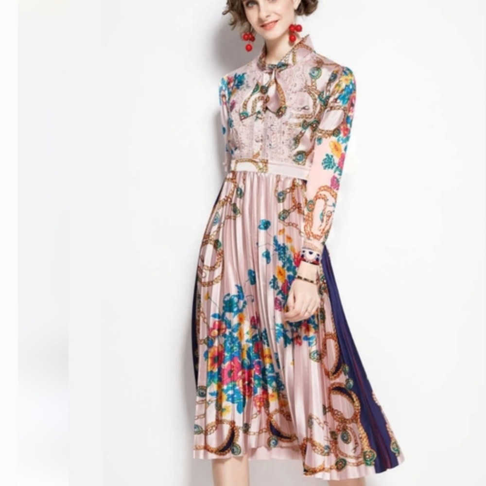 Floral Pink Long-Sleeve Midi Dress